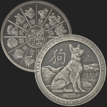 Beautiful Dog & Chinese Zodiac Calendar Front & Back of 2 oz .999 Fine Antiqued Silver Coin