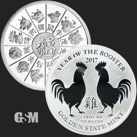 Beautiful Rooster & Chinese Zodiac Calendar Front & Back of 1 oz .999 Fine Silver Coin