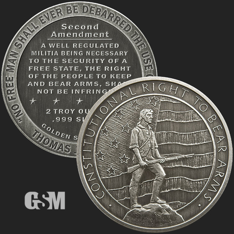 Excellent 2 oz Man with Rifle & Second Amendment Front & Back 2 Troy Oz .999 Antiqued Silver Coin